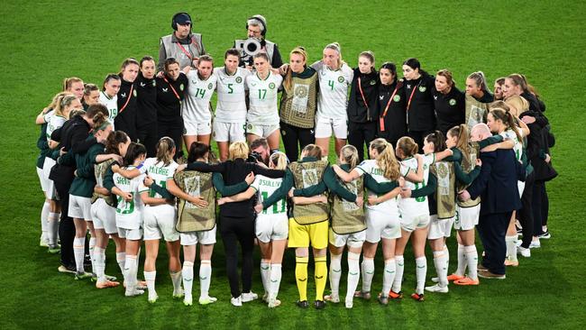 All for one: The Irish team and staff review their performance on the pitch after a scoreless draw in Brisbane. Picture: Matt Roberts/Getty Images