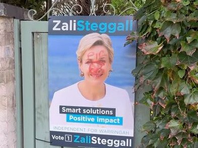 Ms Steggall’s poster was left defaced on Thursday. Picture: Facebook/Mosman Collective
