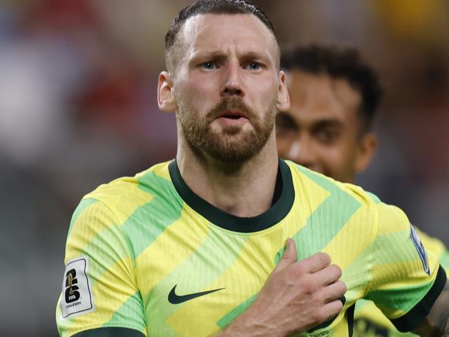 SYDNEY, AUSTRALIA - MARCH 20: Martin Boyle celebrates a goal during the round three FIFA 2026 World Cup AFC Asian Qualifier match between Australia Socceroos and Indonesia at Allianz Stadium on March 20, 2025 in Sydney, Australia. (Photo by Darrian Traynor/Getty Images)