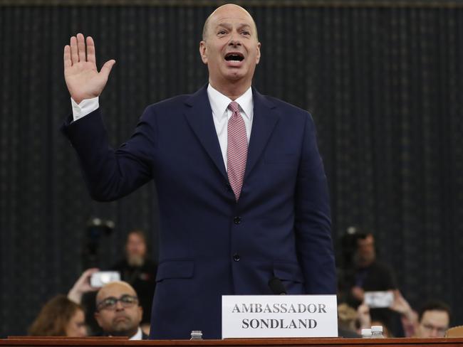 US Ambassador to the European Union Gordon Sondland is sworn in to testify before the House Intelligence Committee on Capitol Hill in Washington. Picture: AP