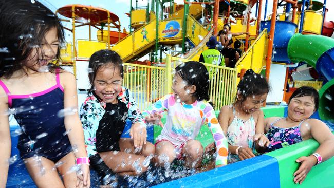 Annalise, Chloe, Cassie, Sophie and Talya having fun at the Aquatopia water park. (AAP Image / Angelo Velardo)