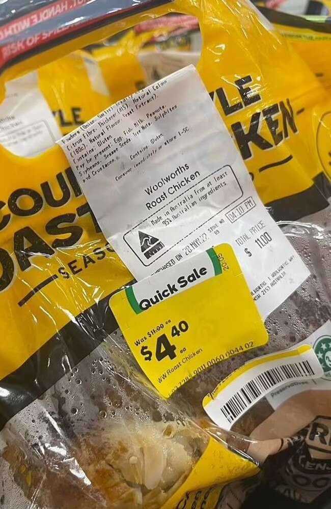 A Sydney mum has ignited a heated debate on social media after she snapped up seven marked down roast chickens from Woolworths. Picture: Facebook