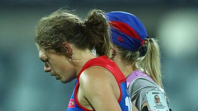 Ashleigh Guest walks off the ground after a collision with Richelle Cranston on Friday night. Picture: Robert Cianflone/Getty Images