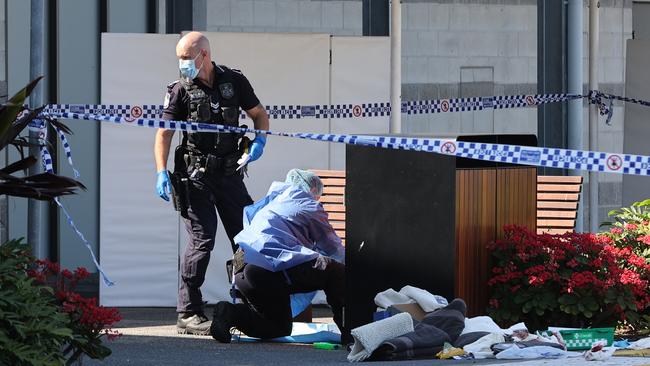 Police at the scene of Mr Whenuaroa’s stabbing at Westfield Helensvale. Picture: Nigel Hallett
