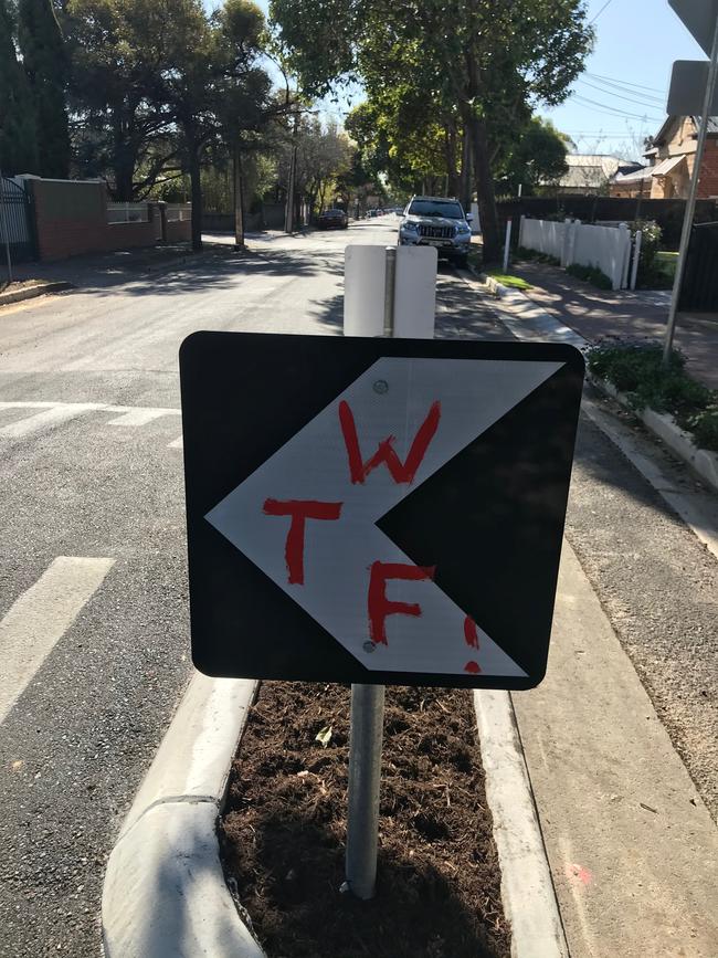 Defaced signs on Weller St at Goodwood. Picture: Jessica Adamson