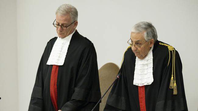 Giuseppe Pignatone and Venerando Marano during the verdict of the trial for alleged financial wrongdoing of senior cardinal Angelo Becciu and nine others in The Vatican. Picture: Vatican Media