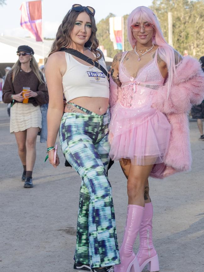 Toni and Renee Simpson at Splendour on Saturday, where pink was a major theme among festival outfits. Picture: Danielle Smith /NCA Newswire