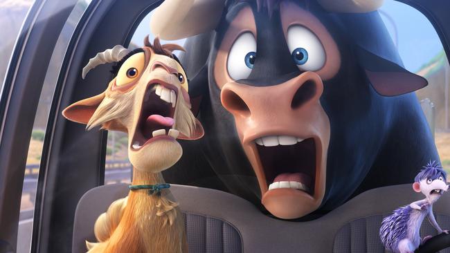 Scene from animated film Ferdinand L-R: Lupe (voiced by Kate McKinnon), Ferdinand (John Cena) and Dos (Daveed Diggs), Cuatro (Gabriel Iglesias) and Una (Gina Rodriguez)