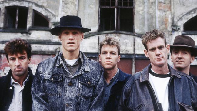 Portrait of Midnight Oil, Ghent, Belgium, 29th May 1988. L-R Rob Hirst, Peter Garrett, Martin Rotsey, Bones Hillman, Jim Moginie. (Photo by Gie Knaeps/Getty Images)