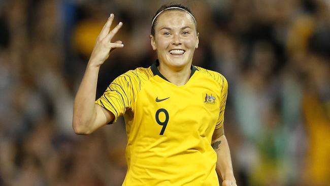 Caitlin Foord of the Matildas celebrates after scoring her third against Chile in 2018.