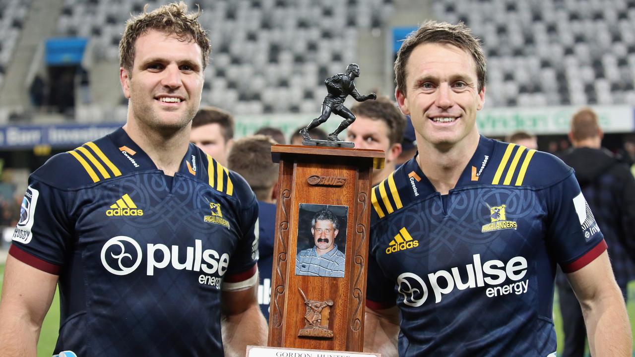 Highlanders co-captains Luke Whitelock and Ben Smith with the Gordon Hunter Memorial Trophy.