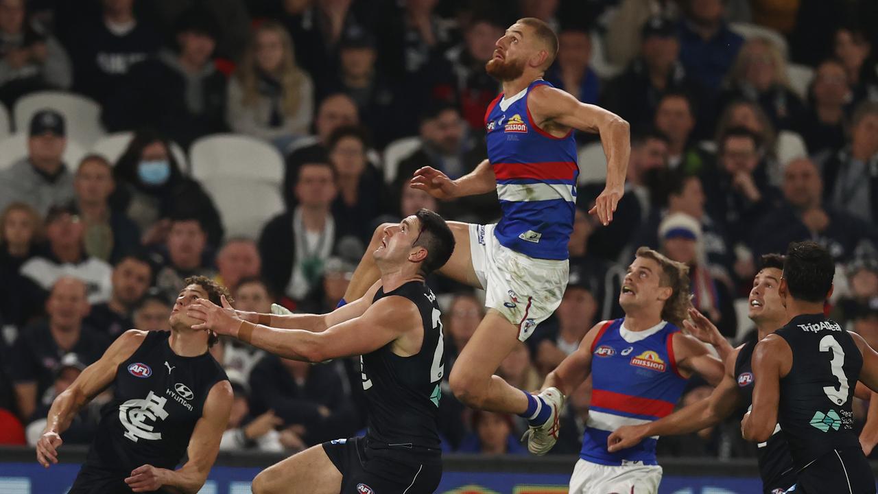 Key defender Liam Jones will return for the Bulldogs eight weeks after he had surgery on a horrific double forearm fracture. Picture: Michael Klein