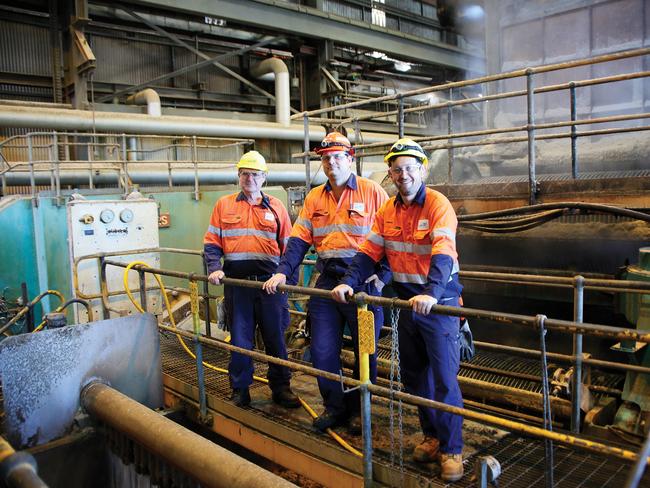 Proserpine Mill's production team senior technical assistant Tom Badger, production superintendent Damien Kelly and sssistant production superintendent Jamie Bell, at the end of the 2020 crush. Picture: Wilmar