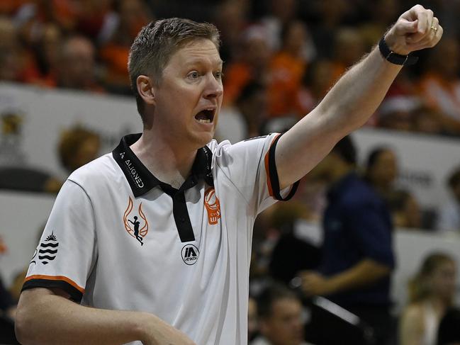 Townsville Fire coach Shannon Seebohm during the round eight WNBL match between Townsville Fire and Canberra Capitals at Townsville Entertainment Centre on December 21, 2024. (Photo by Ian Hitchcock/Getty Images)