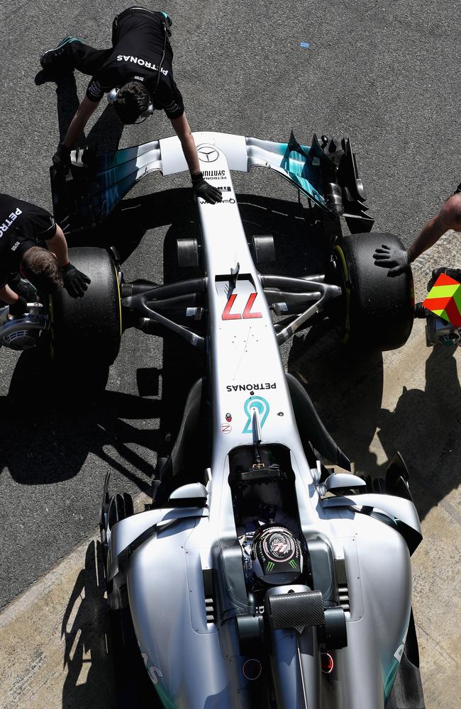 Valtteri Bottas is strapped into his Mercedes. Picture: Getty Images