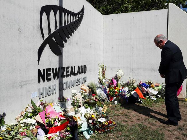 Australian Prime Minister Scott Morrison pays his respects at the New Zealand High Commission in Canberra following the mass shooting at two mosques in Christchurch last Friday. Picture: AFP/Adam Taylor