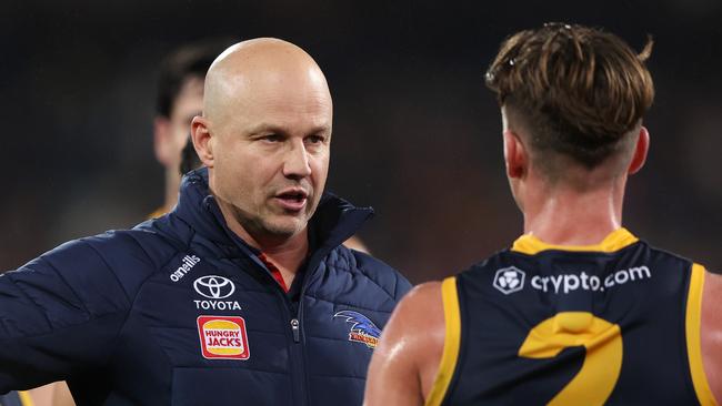 ADELAIDE, AUSTRALIA – AUGUST 19: Matthew Nicks, Senior Coach of the Crows during the 2023 AFL Round 23 match between the Adelaide Crows and the Sydney Swans at Adelaide Oval on August 19, 2023 in Adelaide, Australia. (Photo by Sarah Reed/AFL Photos via Getty Images)