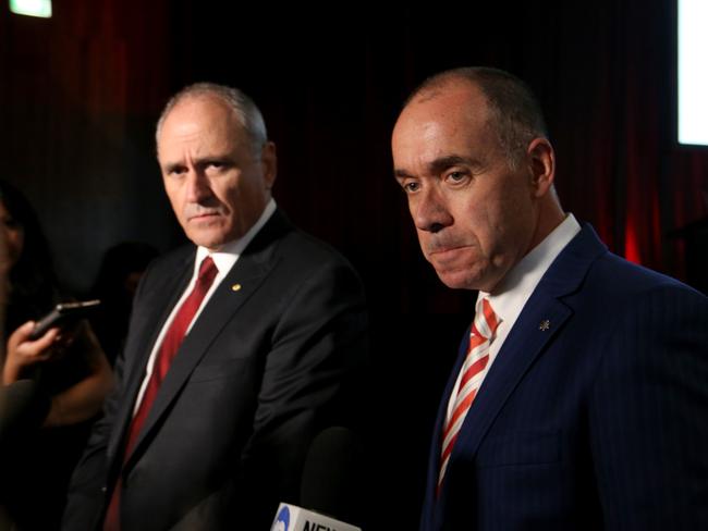 19/12/2018 NAB Chairman Ken Henry and CEO Andrew Thorburn speaking at a press conference after the AGM at Melbourne Convention Centre.Picture : David Geraghty / The Australian.