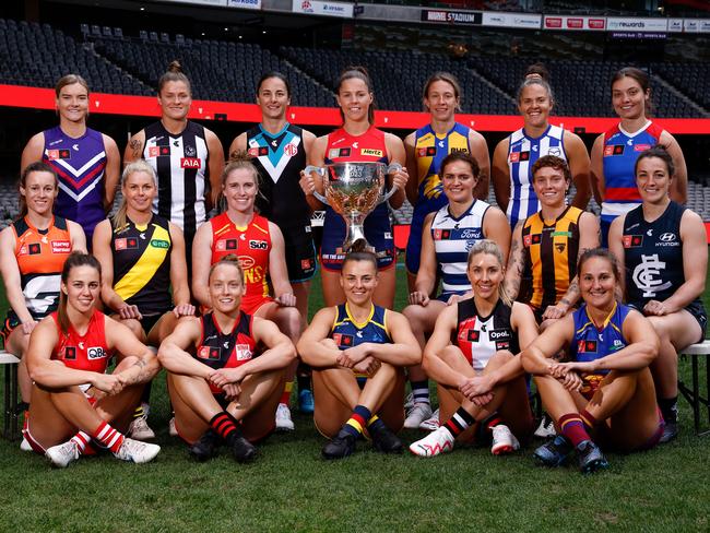 MELBOURNE, AUSTRALIA - AUGUST 21: The AFLW Captains pose for a photograph during the 2023 AFLW Captains Day at Marvel Stadium on August 21, 2023 in Melbourne, Australia. (Photo by Michael Willson/AFL Photos via Getty Images)