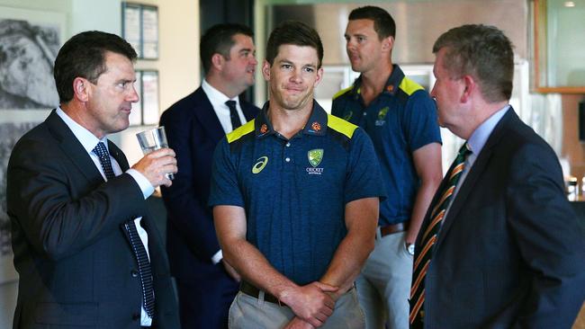 Taylor, left, at a press conference in the wake of Sandpapergate. Picture: Michael Dodge/Getty Images