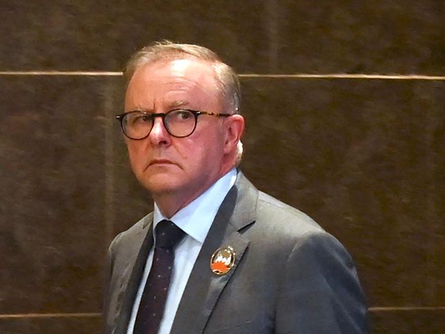 Australia's Prime Minister Anthony Albanese walks past the International Media Center (IMC) at the G20 Leaders' Summit in New Delhi on September 9, 2023. (Photo by TAUSEEF MUSTAFA / AFP)