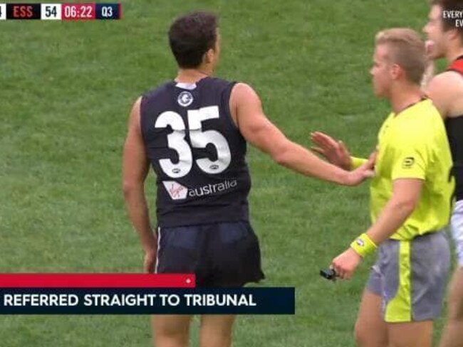 AFL screen shot of Ed Curnow touching an umpire.