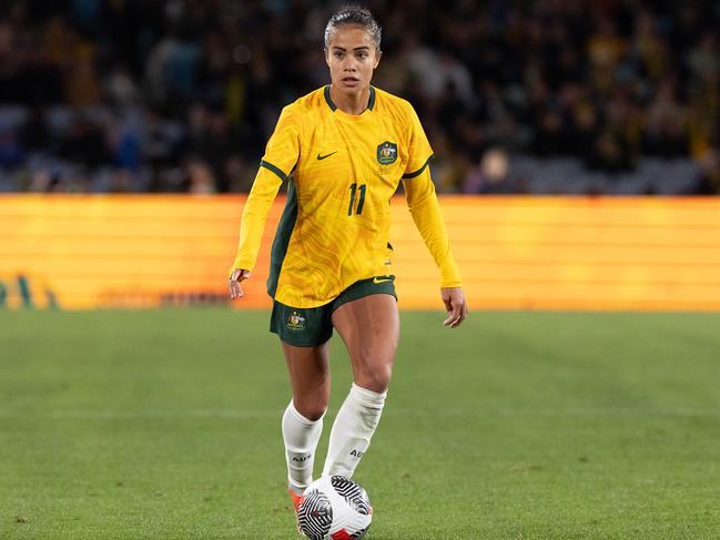 SYDNEY, AUSTRALIA - JUNE 3: Mary Fowler of Australia dribbles the ball during the international friendly match between Australia Matildas and China PR at Accor Stadium on June 3, 2024 in Sydney, Australia. (Photo by Steve Christo - Corbis/Corbis via Getty Images)