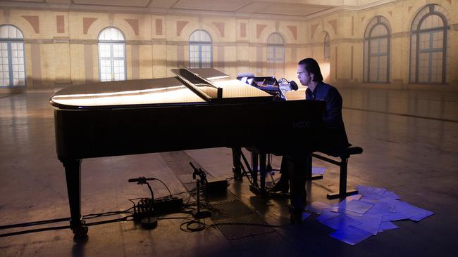 Nick Cave at the piano at London’s Alexandra Palace, 2020. Picture: Joel Ryan