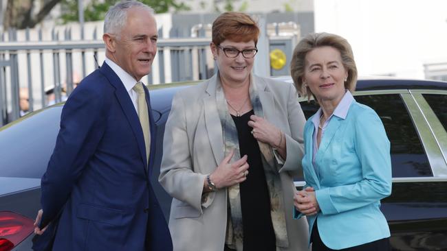 Australian Prime Minister Malcolm Turnbull and Australian Defence Minister Marise Payne arrive at the Ministry of Defence in Berlin, Germany. Ms Payne’s approval would be vital if the security plan was to go ahead. Picture: Ella Pellegrini