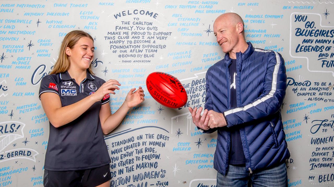 The AFLW’s first ever father-daughter selection, Abbie McKay (left), will become the first to reach the 50-game milestone for Carlton on Thursday night. Her father, Blues premiership defender Andrew McKay (right), will be watching on. Picture: Tim Carrafa