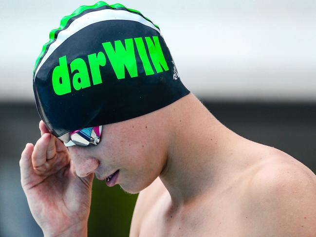 Darwin’s Jackson Dalzell before his start in the 100m breaststroke. Picture: Glenn Campbell