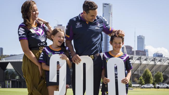 Billy Slater with his family before 300th NRL game. Picture: Jono Demos