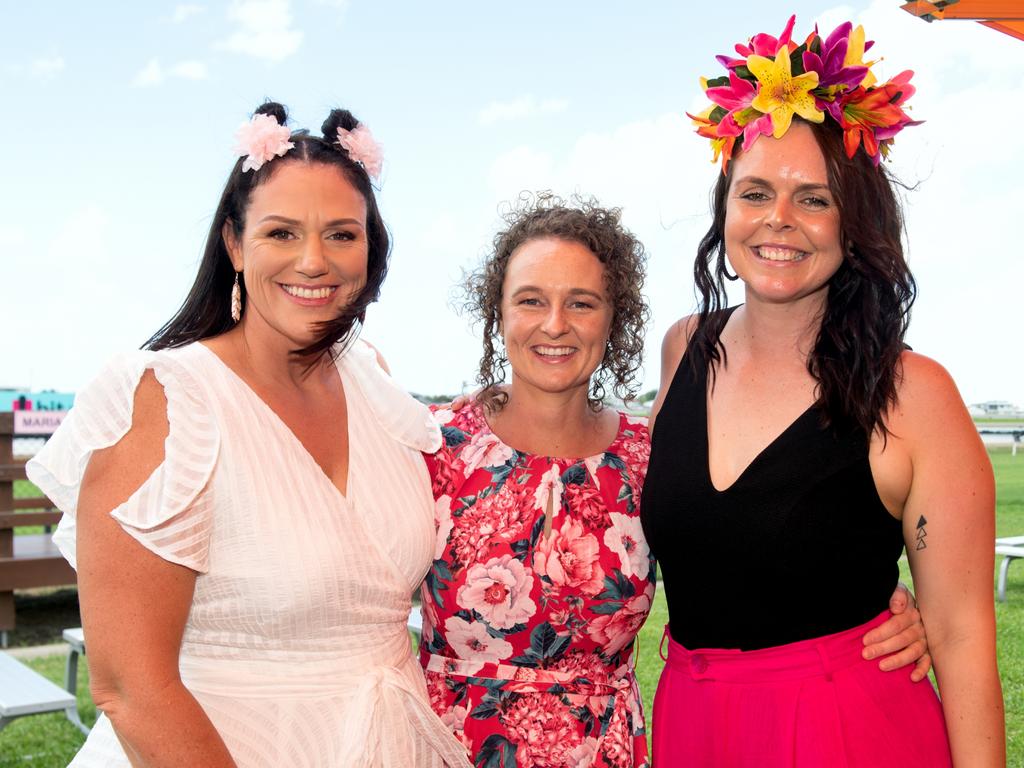 Susan Peterson from Glenella, Lucy Jenkins and Bec Lamont from South Mackay at the Hawaiian Christmas Race Day. Mackay Turf Club, Ooralea. Picture: Michaela Harlow