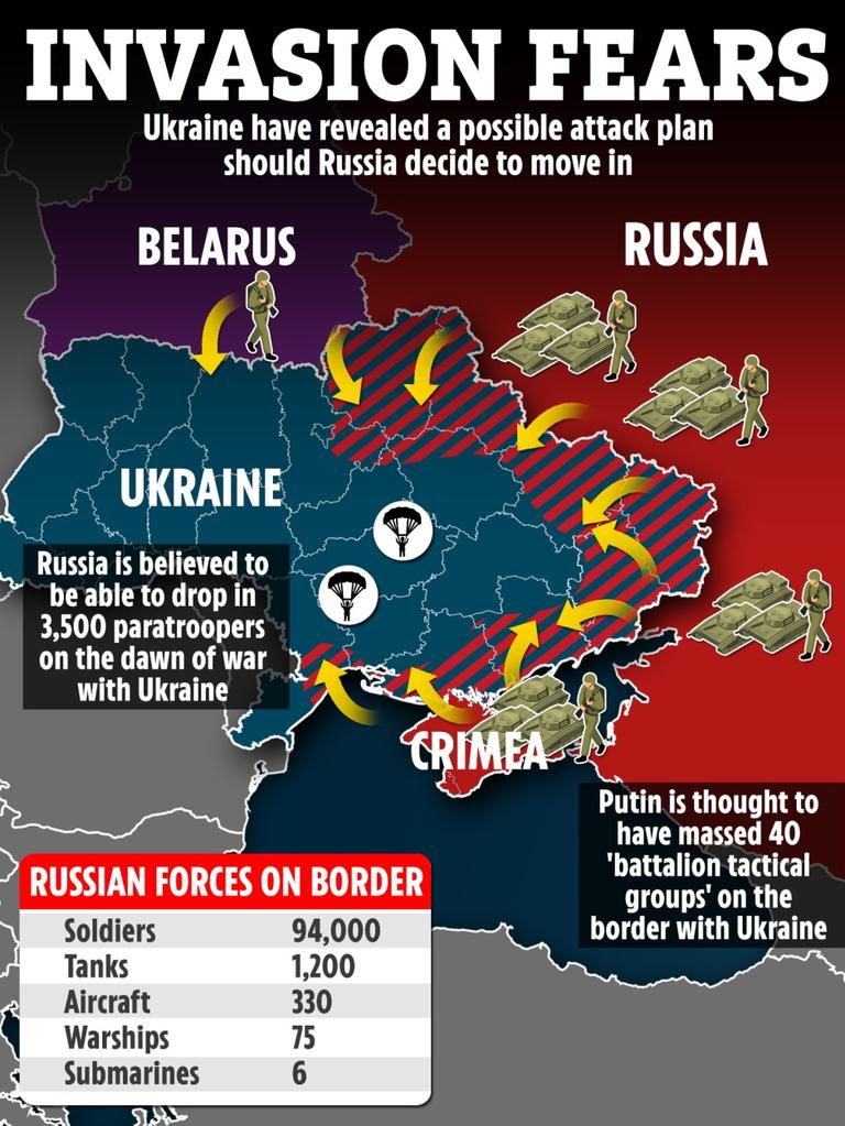 Russia could invade Ukraine on 10 fronts, intelligence chiefs warn.