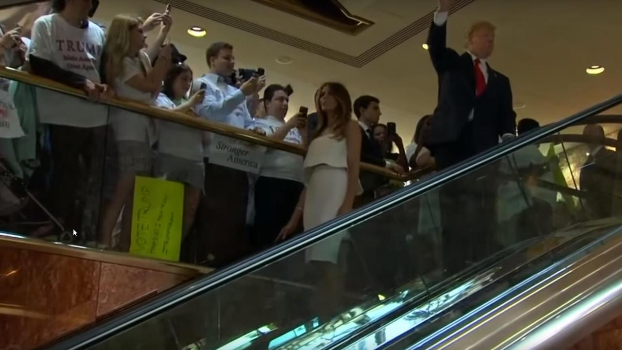 Donald Trump coming down an escalator at Trump Tower to announce his bid for the presidency in 2015.