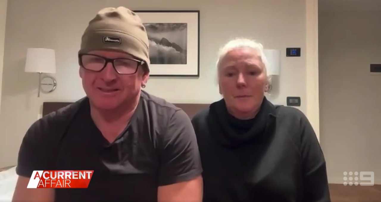 Melbourne couple Mitch and Jenny say they are traumatised after they were forced to sit next to the body of a passenger who had passed away midflight. Picture: Channel 9/A Current Affair