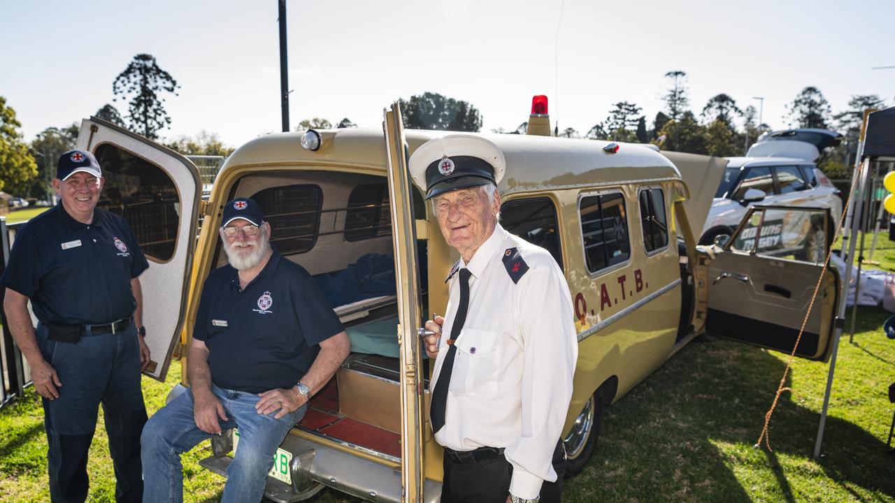 Members of the Highfields Ambulance Museum (from left) Darryl Rice, Chris Kusay and Vince Little with their 1965 Studebaker on display at Downs Rugby grand final day at Toowoomba Sports Ground, Saturday, August 24, 2024. Picture: Kevin Farmer