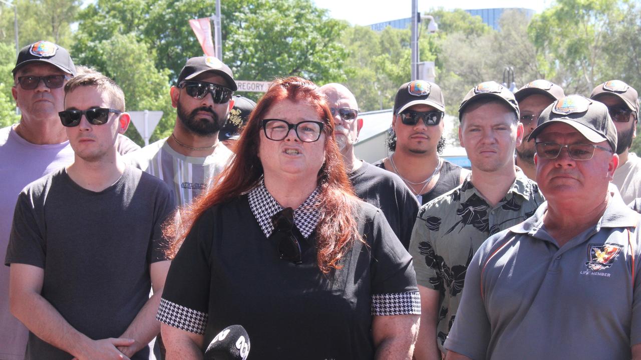 United Workers Union NT branch secretary Erina Early, flanked by corrections officers, addresses media in Alice Springs. Picture: Gera Kazakov