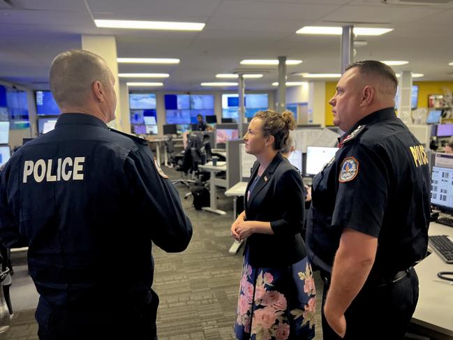 Chief Minister Lia Finocchiaro, JESCC Superintendent Bradley Fox, and Acting NT Police Commissioner Martin Dole. The Joint Emergency Services Communications Centre at the Peter McAulay Centre is being expanded and modernised. Picture: Fia Walsh.