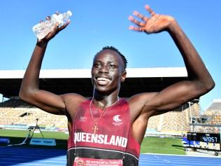 Gout Gout after winning the 200mAustralian All Schools track and field championships in Brisbane. Saturday December 7, 2024. Picture John Gass