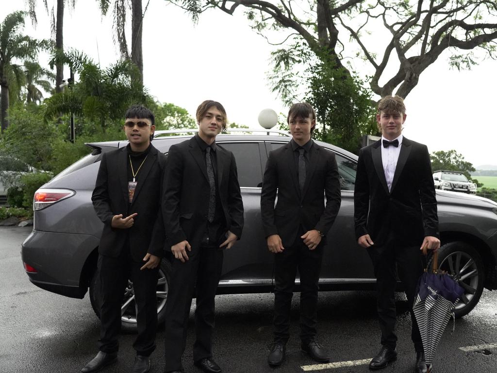 Nathan Zabala, Keon Ackerman, Billy Currie, Cedric Weder at the Kingscliff 2021 formal at Fins Plantation House on December 8. Picture: Ashi Hilmer