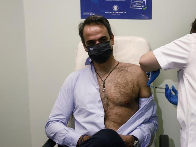 Greek Prime Minister Kyriakos Mitsotakis receives the second dose of a vaccine against Covid-19 at the Attikon hospital, in Athens. Picture: AFP