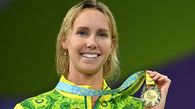 Gold medallist Australia's Emma McKeon poses during the medal presentation ceremony for the women's 50m butterfly