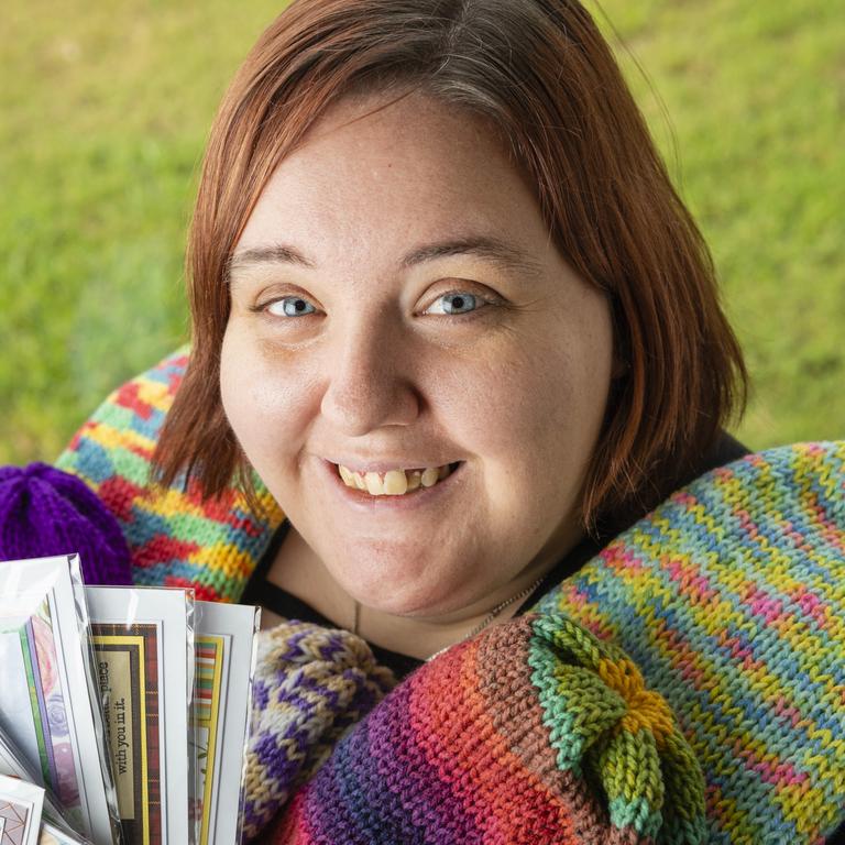 Staicee Lehmann makes beanies and cards and donates them or otherwise uses them to raise money for charities, Wednesday, March 2, 2022. Picture: Kevin Farmer