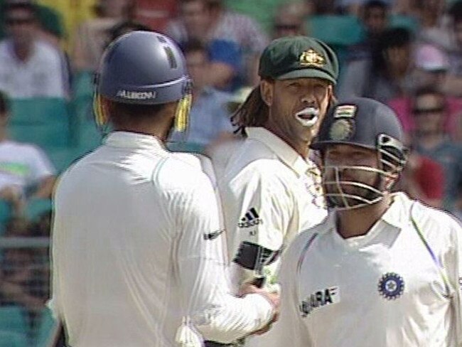 A video still of the unsavoury incident between Harbhajan Singh (left) and Symonds.