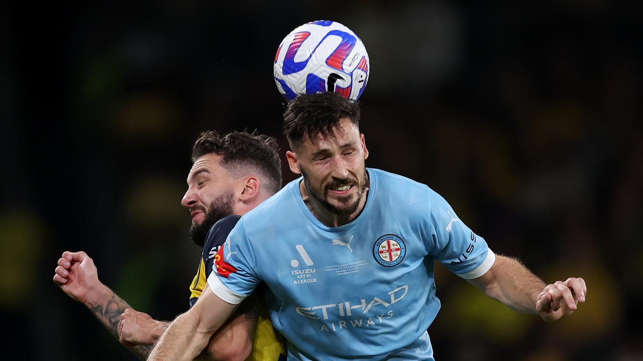 Mathew Leckie fails to make clean contact with a header during Melbourne City’s humiliating grand final loss. Picture: Mark Kolbe/Getty Images