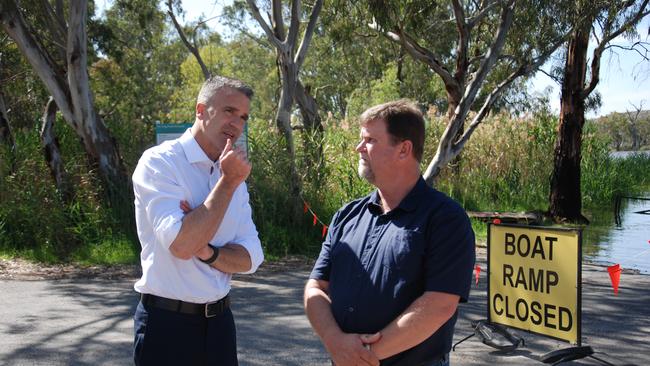 Premier Peter Malinauskas with Mid Murray councillor Geoff Barber at Younghusband. Picture: Dylan Hogarth