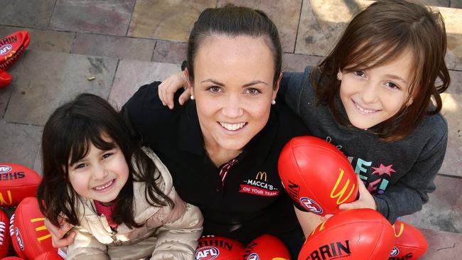 News. Maccas Sports Clinic at Federation Square. Footballer Daisy Pearce with Defne aged 6 from Broadmeadows and Ada aged 8 from Craigeburn. Picture Andrew Tauber