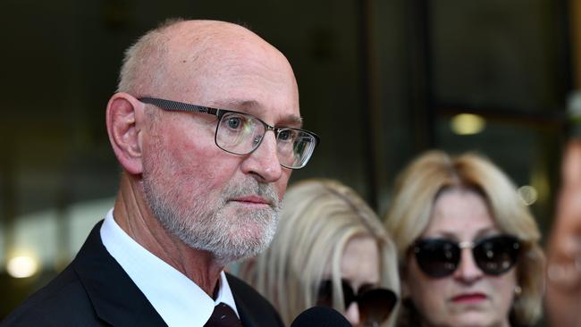 The father (left) of Annabelle Deall speaks to the media outside of Downing Centre Court. (AAP Image/Bianca De Marchi)