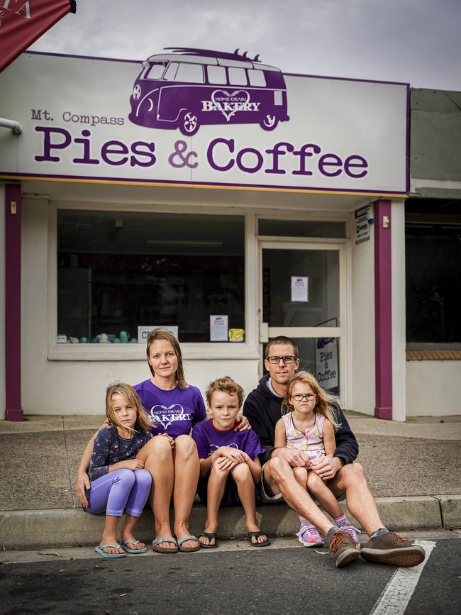 Home Grain Bakery owners Toff and Cara West have made the difficult decision to close their Mt Compass site as it’s no longer sustainable. Pictured with their children, Meg, 7, James, 8, and Charlie, 4. Picture: MIKE BURTON/AAP